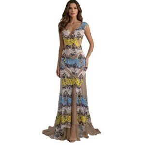 Putros Couture Nude Multi Lace Illusion Embellished Gown